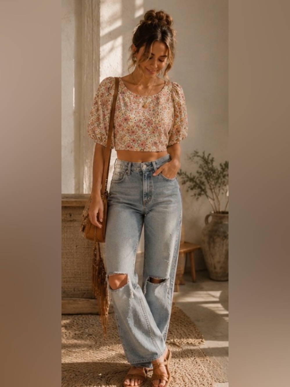 ASTR The Label Open Back Floral Puff Sleeve Top - Picture 3 of 5